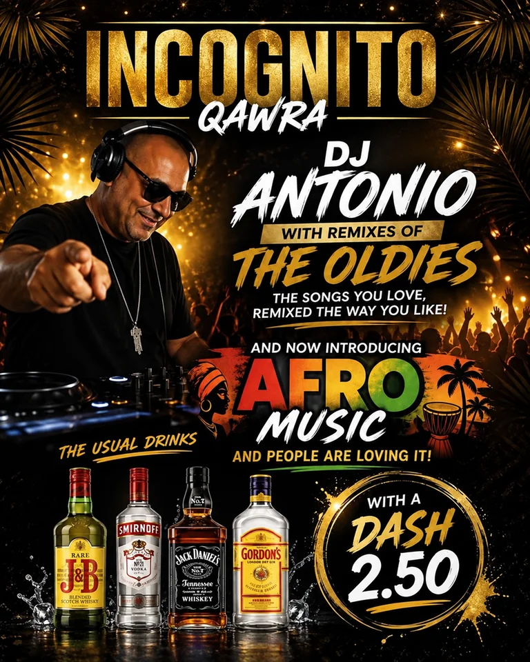DJ Antonio at Incognito Qawra: remixes of the oldies and Afro music, with drinks offers.