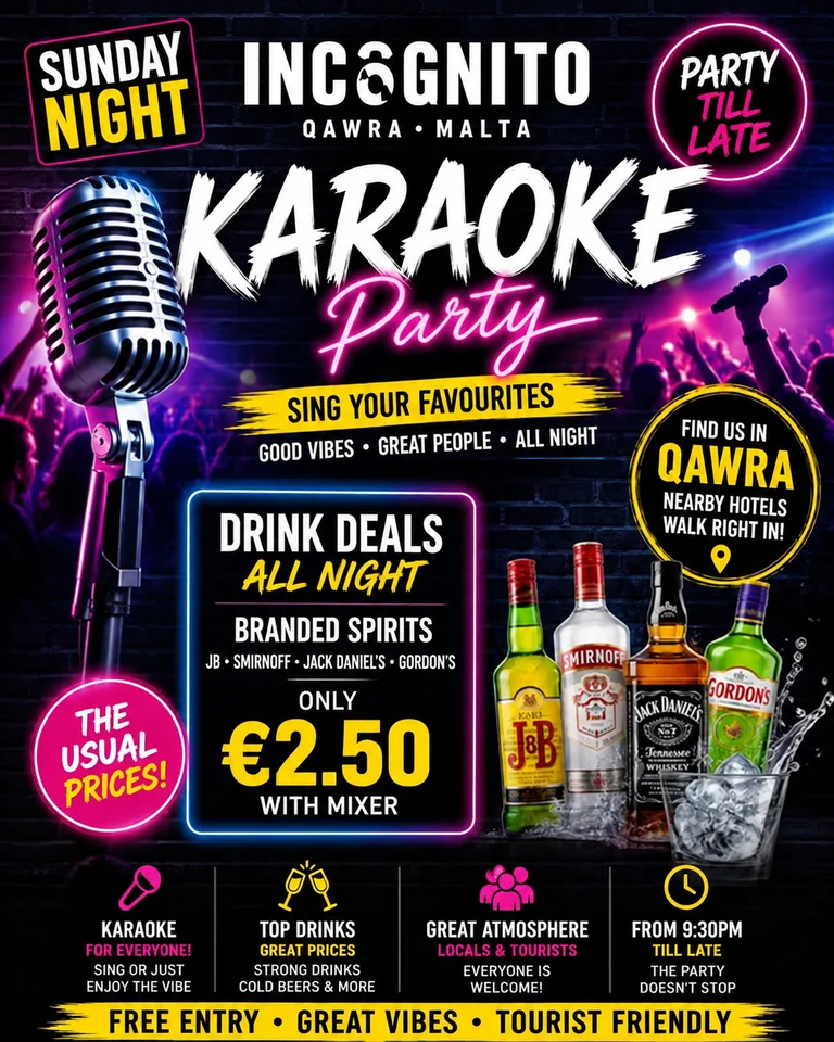 Sunday night karaoke party at Incognito Qawra, from 9:30 pm till late, with drinks deals.